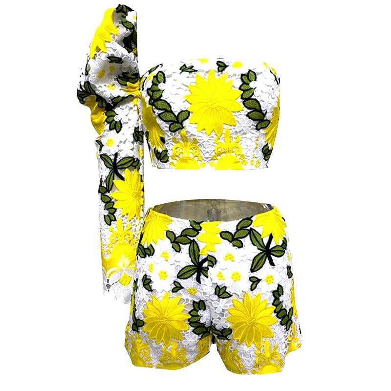 Lace Puff Sleeve One-Shoulder Hollow Out Top & Short Set