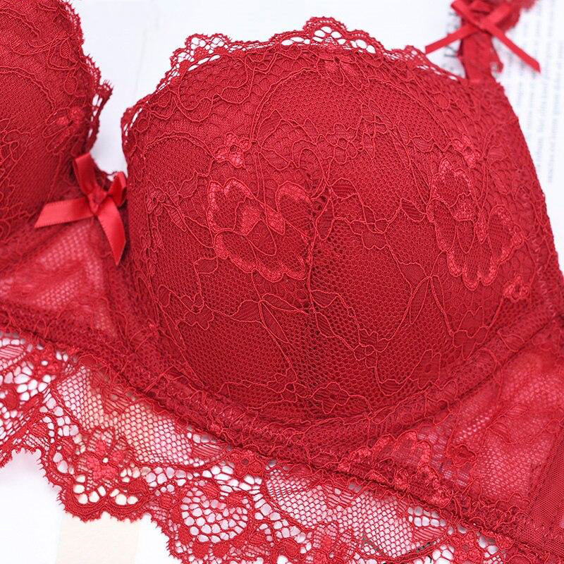Cotton Push Up Thick Embroidery Lace Bra Underwear Set