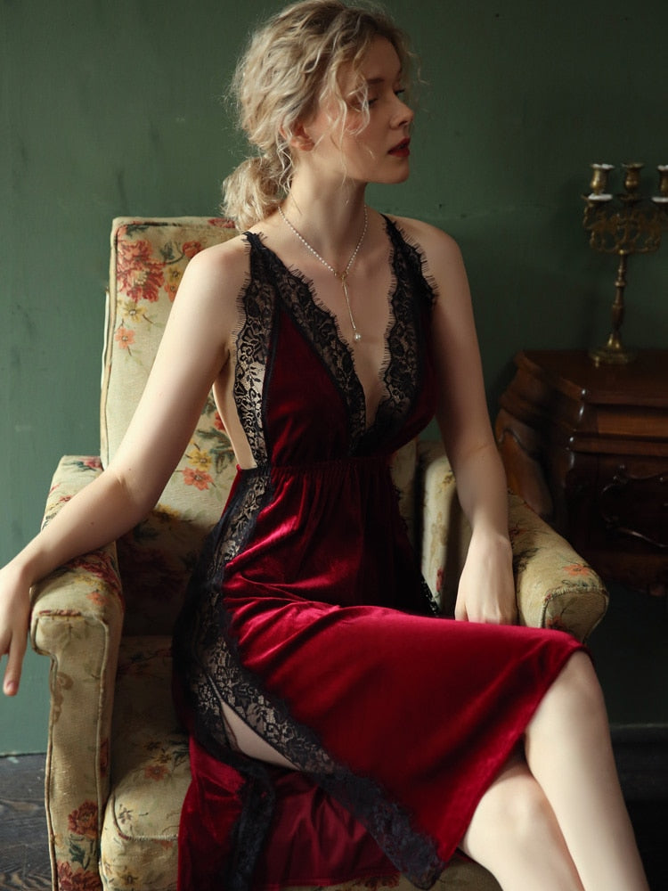 Sexy Velvet Nightwear for Women Nightgown Lace V-Neck Sleepwear