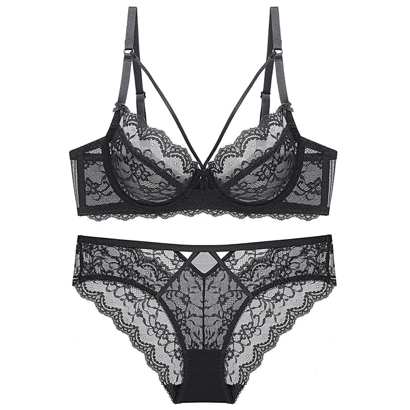 Floral Lace Unlined Deep V Hollow Bra Underwear Set