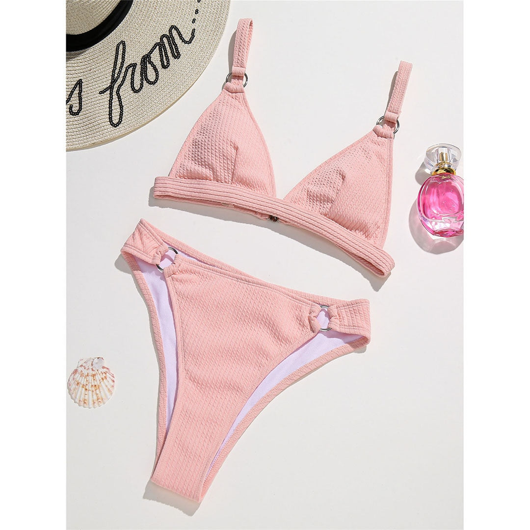 Women's Ribbed Padded Bikini Two-Pieces Mid Waist Swimsuit