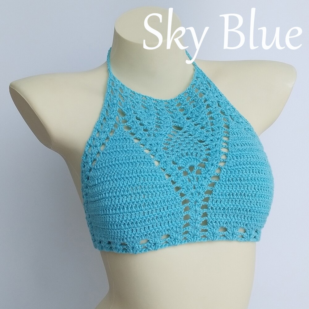 Lining Crochet Push Up Bra Hollow Out Halter Knitted Bikini Top