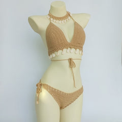 Woman Crochet Tassel Seashell Hollow-out Bikini Set