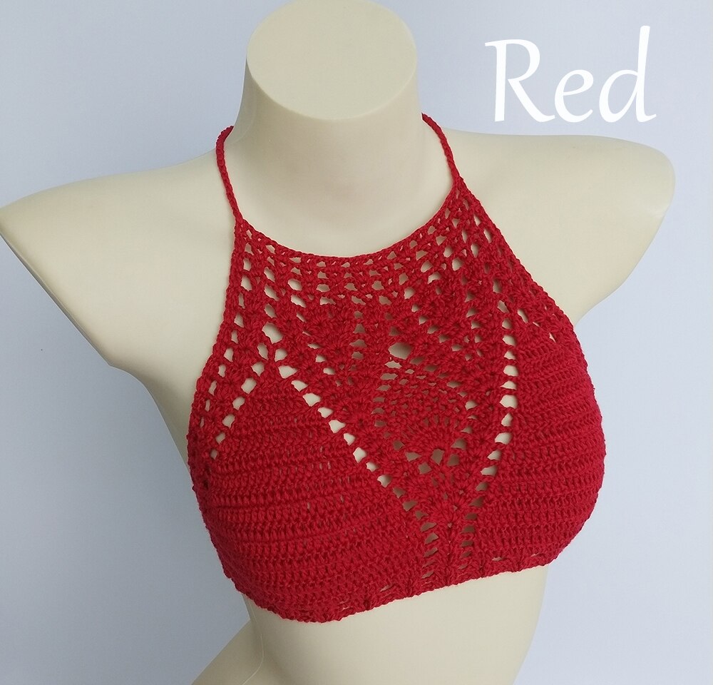 Lining Crochet Push Up Bra Hollow Out Halter Knitted Bikini Top