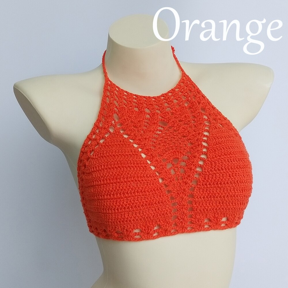 Lining Crochet Push Up Bra Hollow Out Halter Knitted Bikini Top