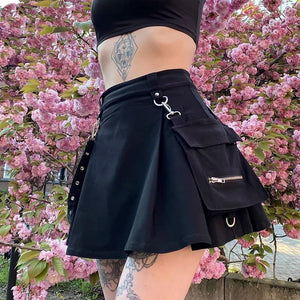 Punk Gothic Black High Waist Patchwork Bandage Mini Skirt