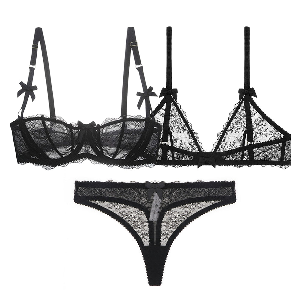 Half Cup Floral Lace Bra and Thong 3-Piece Set