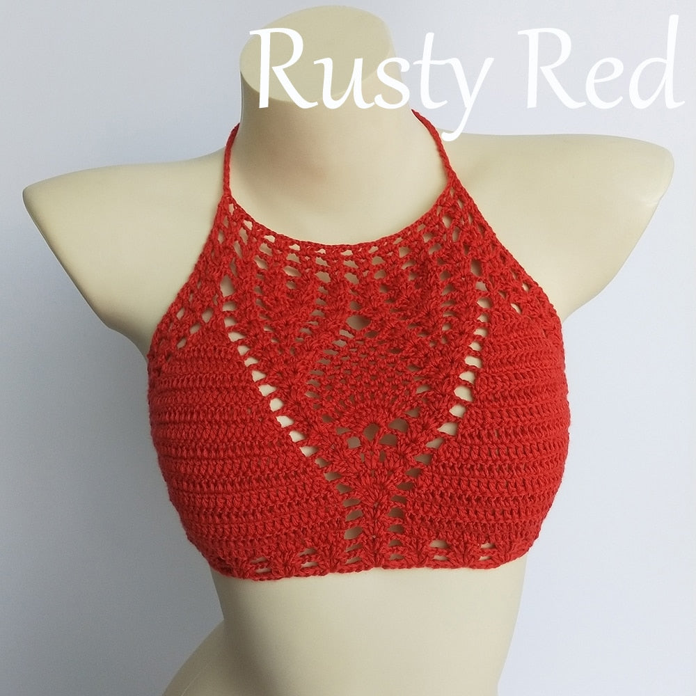 Lining Crochet Push Up Bra Hollow Out Halter Knitted Bikini Top