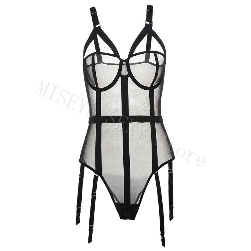 Lace Mesh Jumpsuit Suspenders Plastic Strap Garter Bodysuit