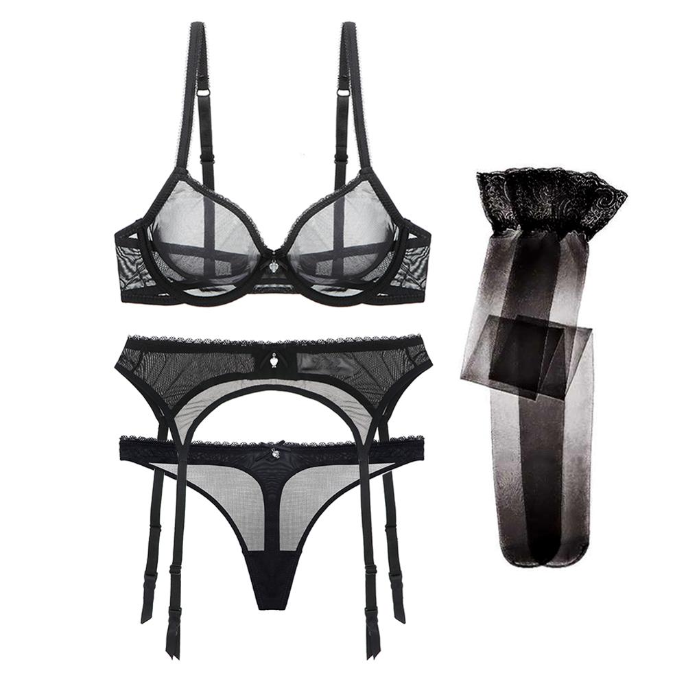 Ultra-Thin Yarn Lingerie Set Bra Garters Thongs Stockings