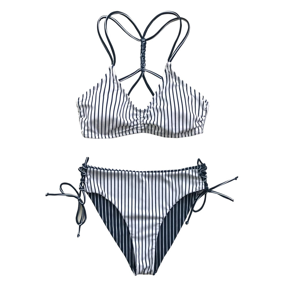 Stripe Floral Bikini Sets Low Waist Two Pieces Swimwear