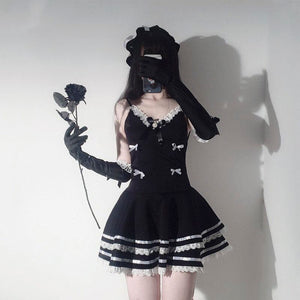 Maid Cosplay Gothic Dress And Thong Anime Punk With Hat Gloves