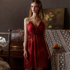 Floral Lace Transparent Low-Cut Deep V Backless Sleepwear Lingerie