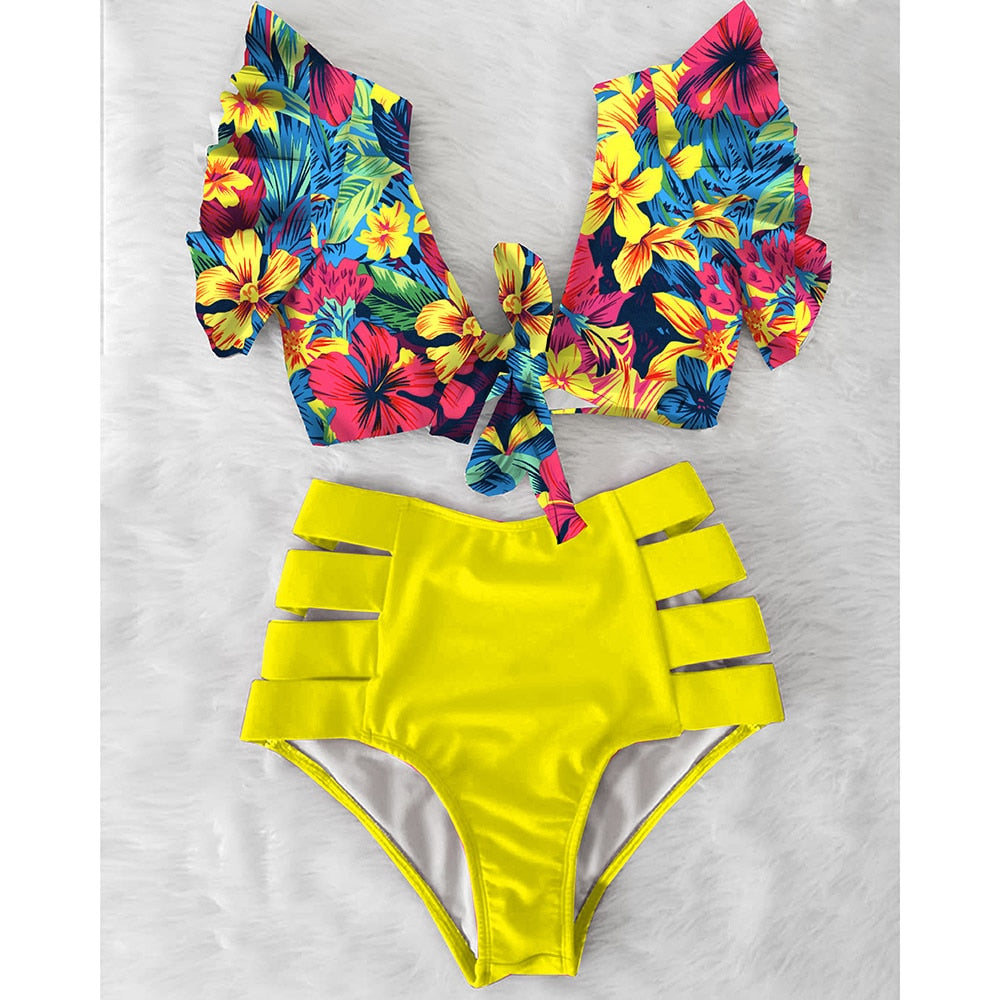 High Waist Ruffle Swimwear Floral Print Push Up Bikinis