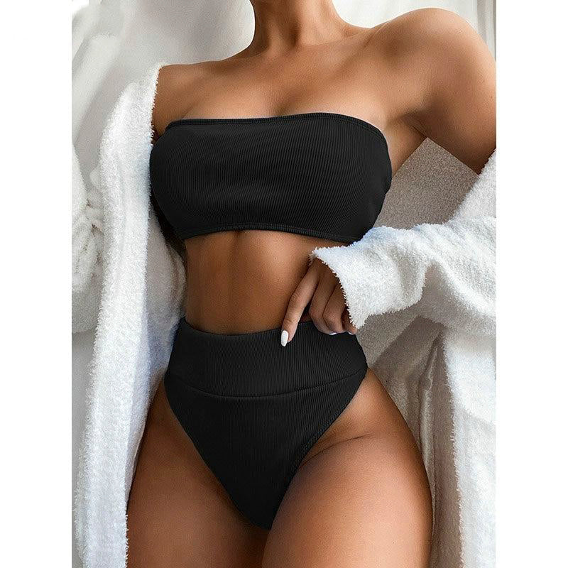 High Waist Bandeau Bikini Strapless High Cut Beachwear