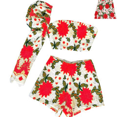 Lace Puff Sleeve One-Shoulder Hollow Out Top & Short Set