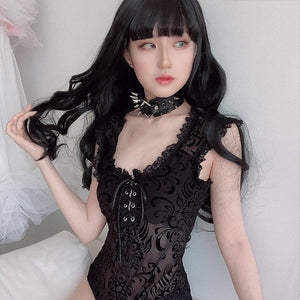 Lace Gothic Mesh Hollow Out Patchwork Sleeveless Bodycon Bodysuit