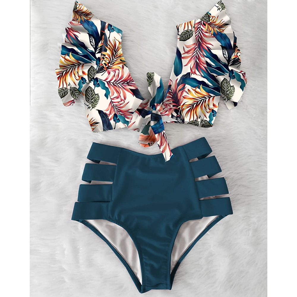 High Waist Ruffle Swimwear Floral Print Push Up Bikinis