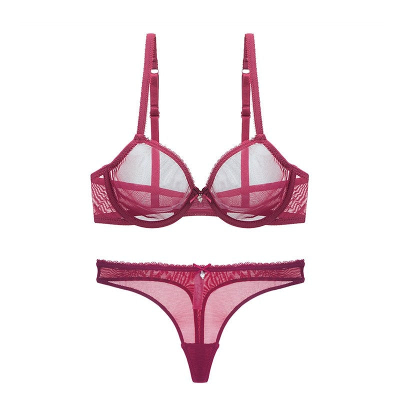 Lace Unlined Transparent Three Quarters Yarn Thong Bra Set