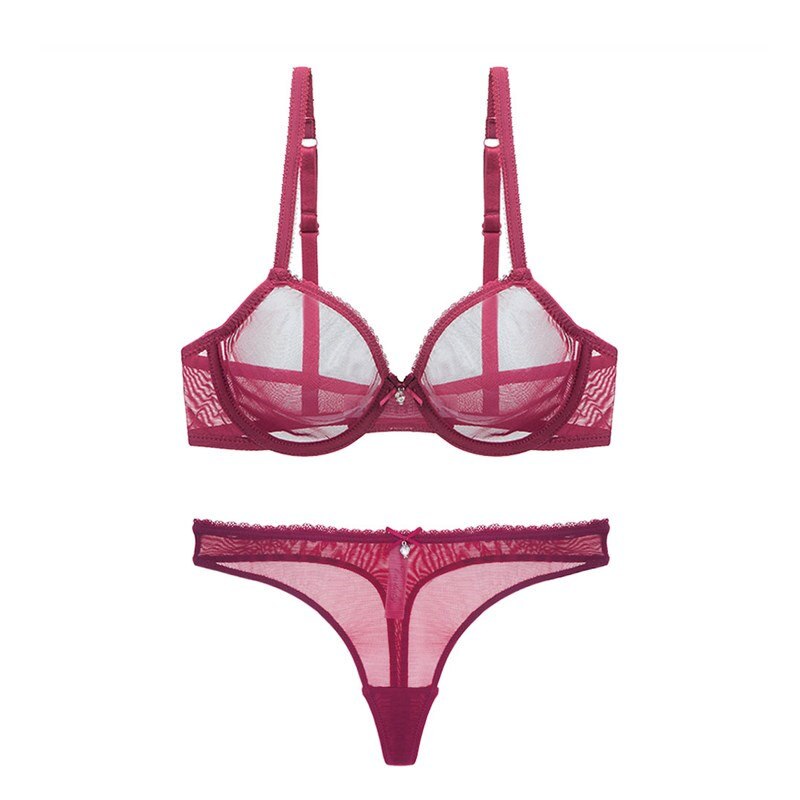 Lace Unlined Transparent Three Quarters Yarn Thong Bra Set