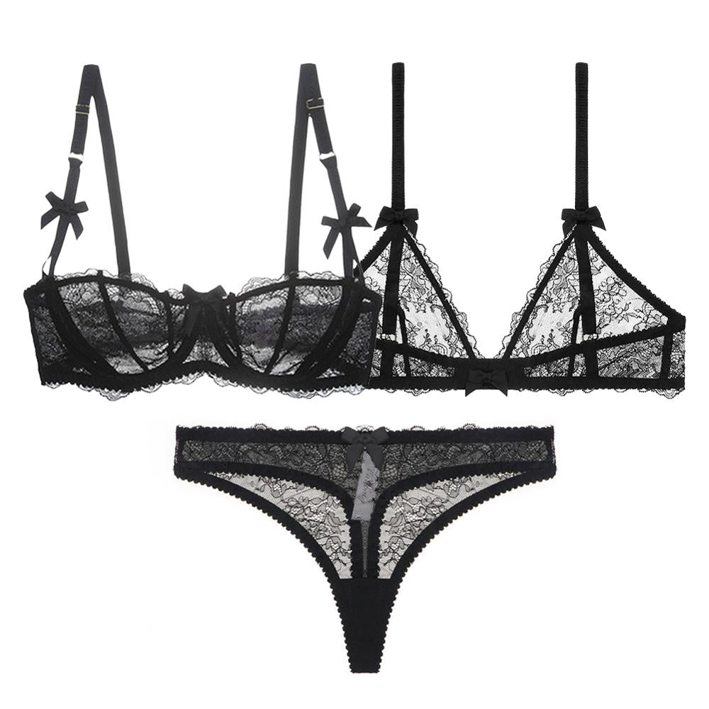 Half Cup Floral Lace Bra and Thong 3-Piece Set