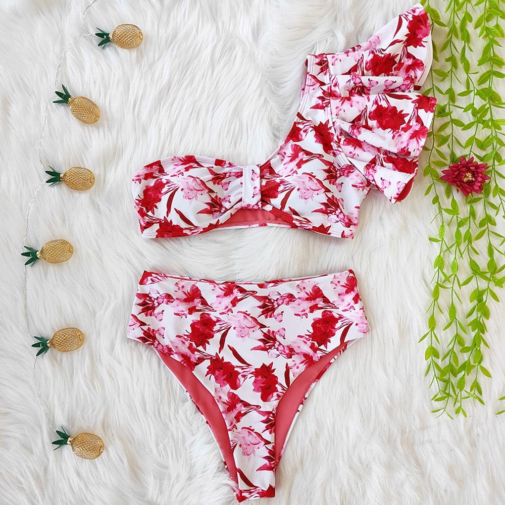 High Waist Ruffle Swimwear Floral Print Push Up Bikinis