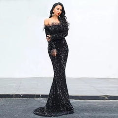 Sexy Off Shoulder Feather Long Sleeve party Dress