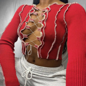 Long Sleeve Crop Tops Women Ribbed Sexy Party Knitwear T-Shirt