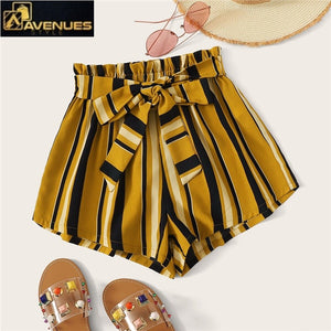 Self Belted Striped Waist Shorts