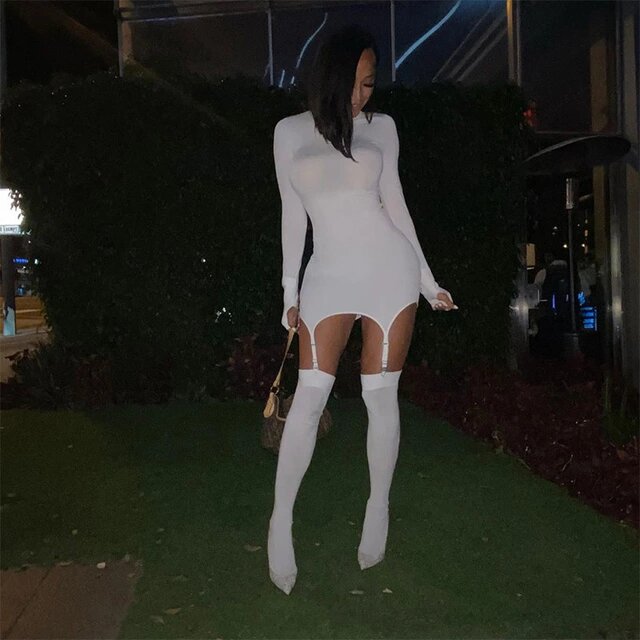 Bodycon Garter Stocking Long Sleeve Sexy Party Dress