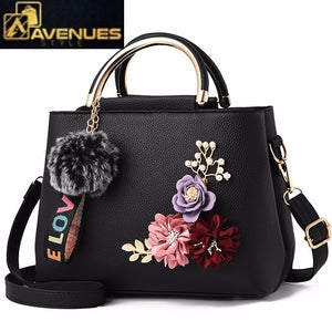 Women Leather Tote Flowers Handbag