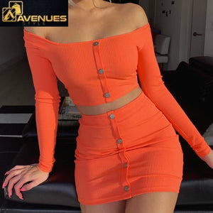 Women's Fashion Buttons Long Sleeve Crop Top Mini Skirt Two Pieces Sets