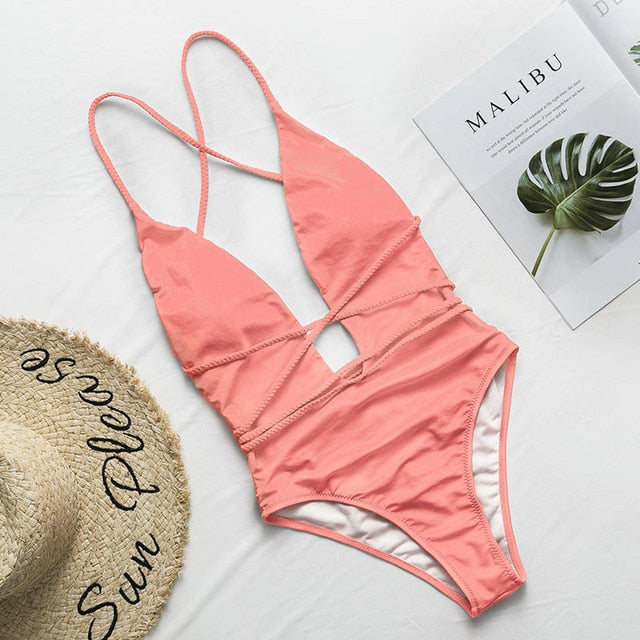 women's Halter neon bikini deep v-neck bathing suit