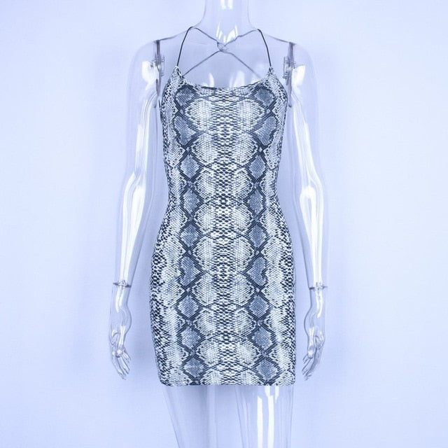 Women Fashion Backless Sexy Bodycon Snake Print Mini Dress